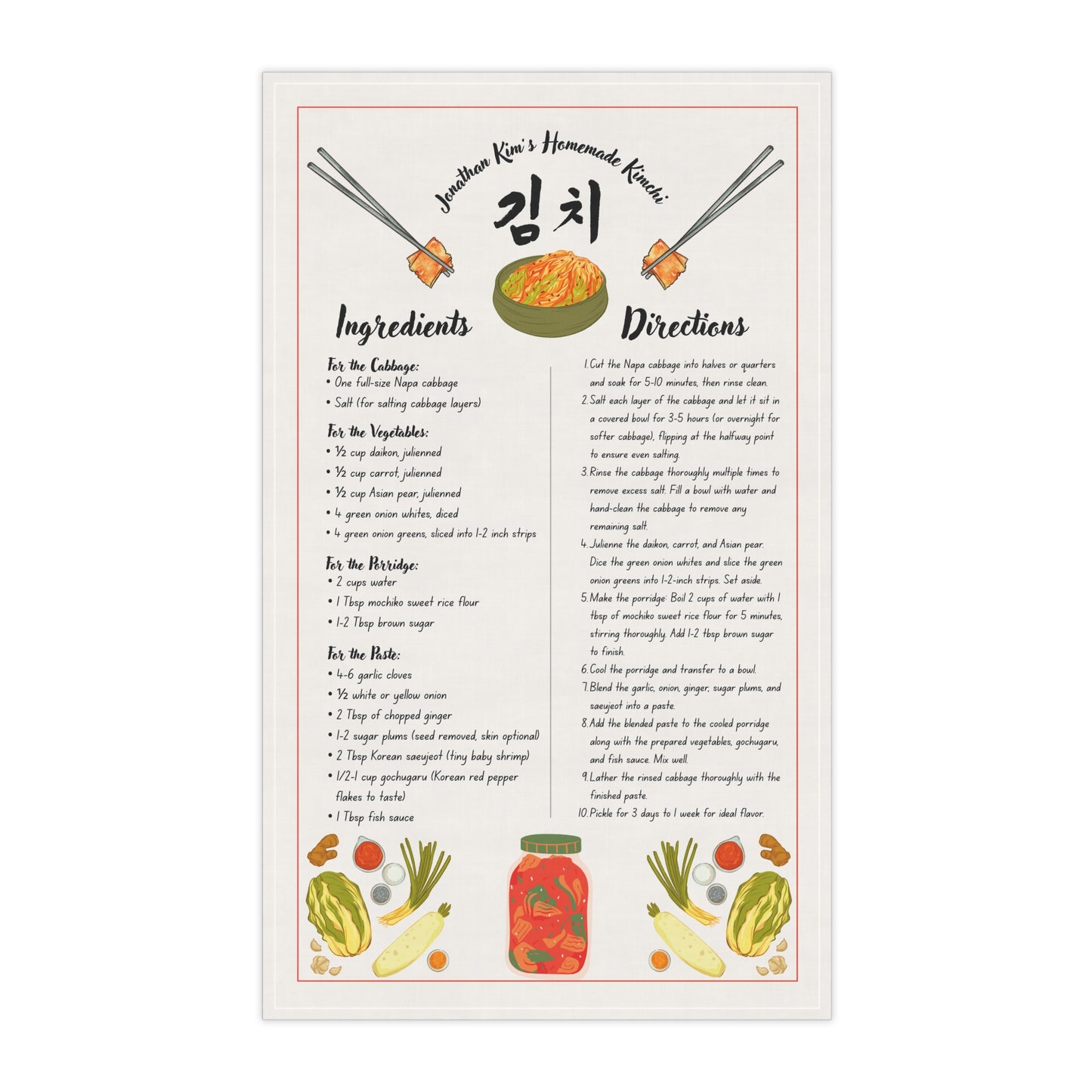 Tea Towel — Kimchi Recipe Kitchen Towel (Ingredients & Directions)