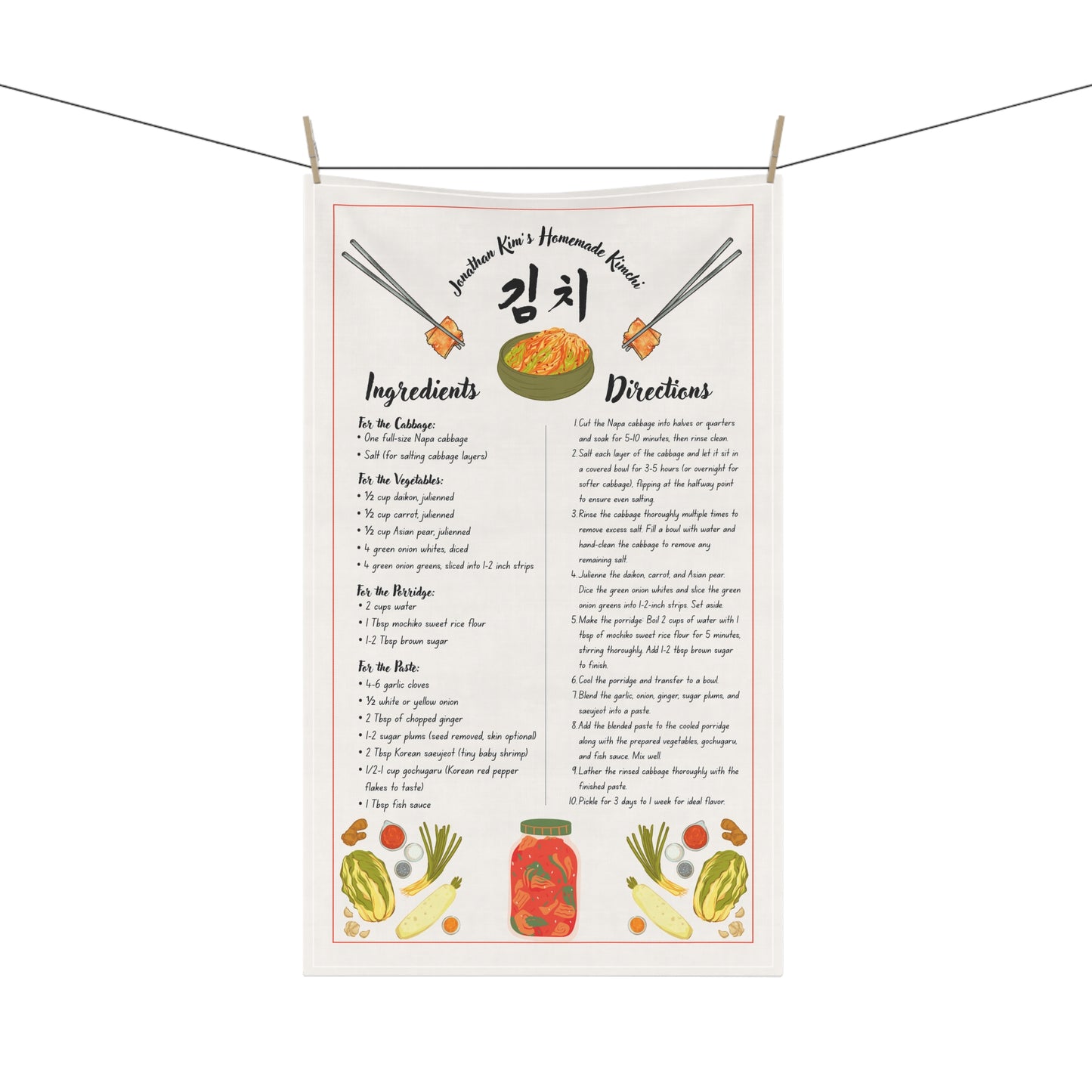 Tea Towel — Kimchi Recipe Kitchen Towel (Ingredients & Directions)